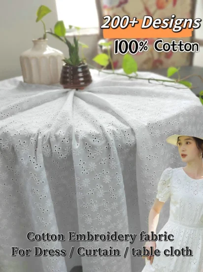 (200+ disegni in stock) Tessuto ricamato in pizzo voile di cotone personalizzato scavato per abiti da donna/tenda/tovaglia